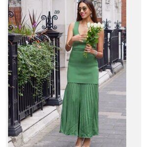 ZARA NEW WOMAN LONG PLEATED KNIT COMBINATION DRESS GREEN 4192/055 S M L